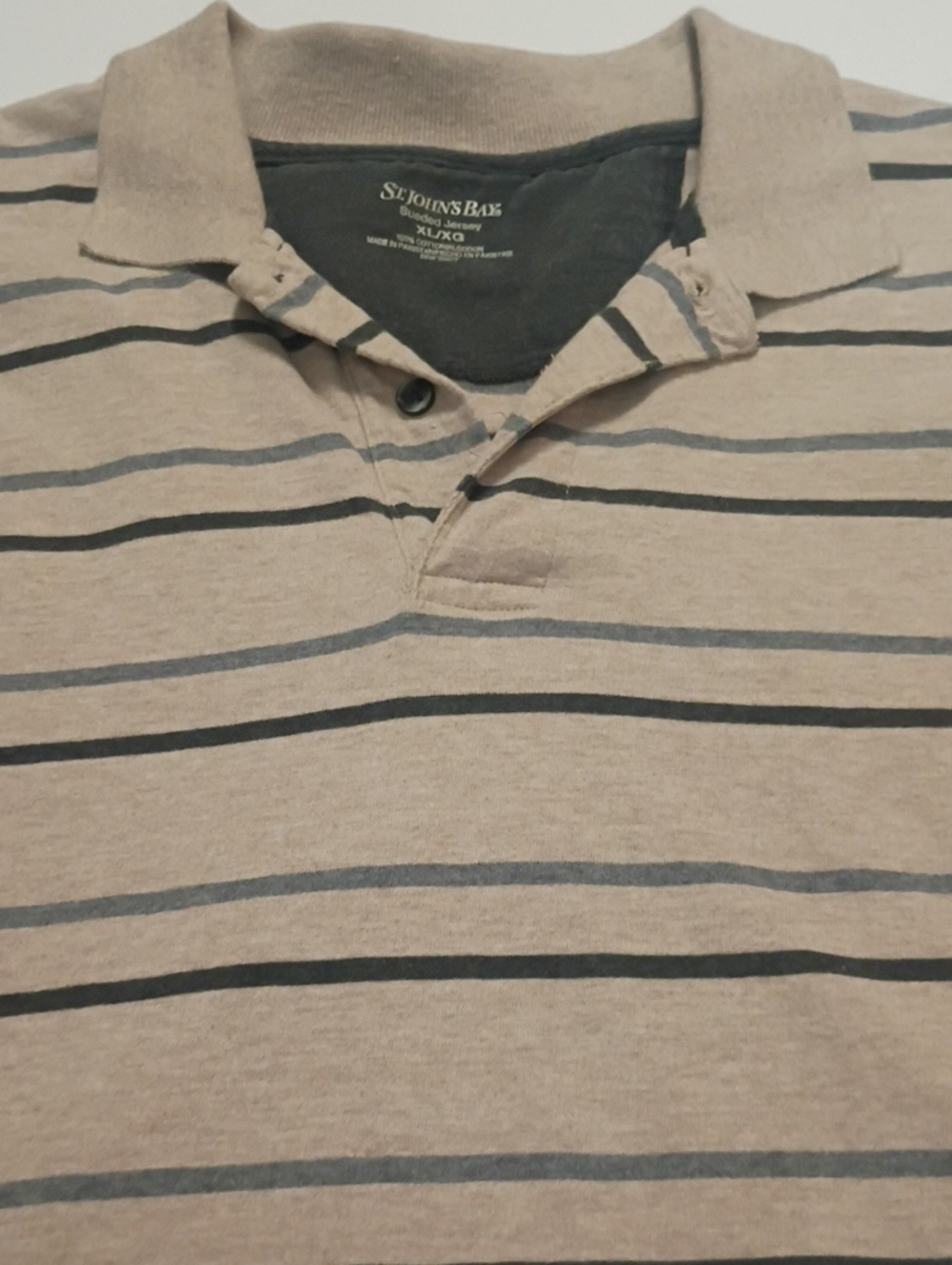 St. John's Bay Men's Beige Striped Polo Shirt Long Sleeve Nautical Preppy